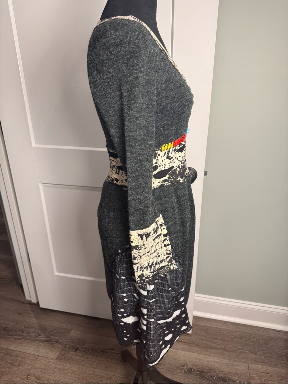 Forla Paris Grey Mixed media Print Long Sleeve V-Neck Dress lagenlook boho - Picture 4 of 9